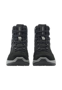 Paar schwarze Lowa-Wanderschuhe mit grauen Sohlen, robusten Schnürsenkeln und Gore-Tex-Label auf der Zunge, von vorne vor weißem Hintergrund gezeigt.