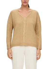 Beige gestrickter Pullover mit V-Ausschnitt und Kabelmuster in der Mitte. Lockere Passform, mit gerippten Bündchen und Saum. Weiche Textur.