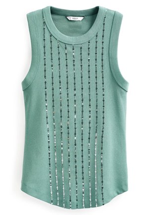 Bezrękawnik z prążkowanej tkaniny w kolorze morskim, z okrągłym dekoltem, ozdobiony pionowymi srebrnymi paskami z cekinów na przodzie.