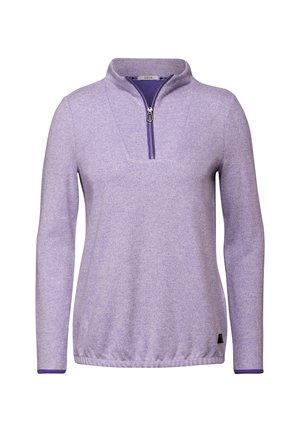 Pull léger violet avec des manches longues, col zippé à mi-hauteur, bordure violette contrastante et ourlet élastique. Texture douce, design décontracté.