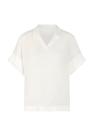 Weiße Bluse mit kurzen Ärmeln und V-Ausschnitt, aus glattem Stoff, mit umgeschlagenen Manschetten und geradem Saum.