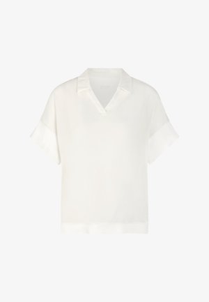 White short-sleeve blouse with a V-neck collar, made from smooth fabric, featuring rolled cuffs and a straight hem.
