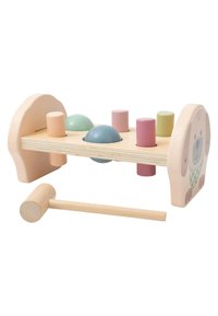 Wooden pound-a-peg toy featuring a light wood base, pastel-colored cylindrical and dome shapes, and a dog design on one end. Includes a hammer.