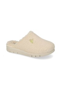 Pantofole beige foderate in pelliccia, con una consistenza morbida, punta arrotondata e suola in gomma beige dotata di piccole scanalature per una maggiore aderenza.
