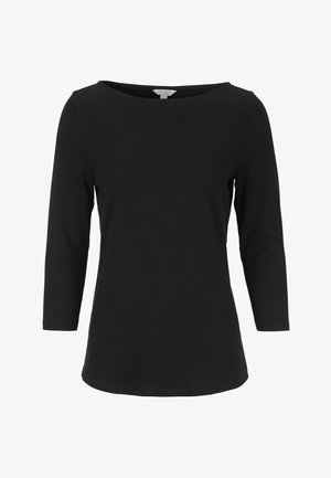 Sort ribbet langærmet top med bådudskæring og lige pasform. Blød tekstur, let afrundet kant, og ingen synlige dekorationer.