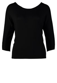 Schwarzes, leichtes Langarmshirt mit einem Bootsausschnitt und lockerem Schnitt. Die Ärmel und der Rücken bestehen aus leicht transparentem Stoff.