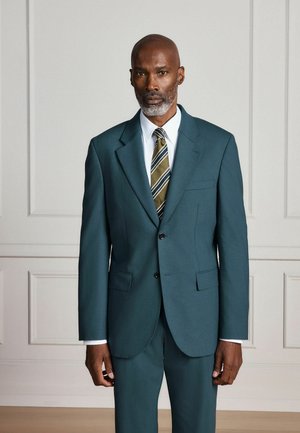 Mann mit grauem Bart, der einen türkisfarbenen Anzug, ein weißes Hemd und eine gestreifte Krawatte trägt, steht vor einer weißen Wand mit Paneelen.
