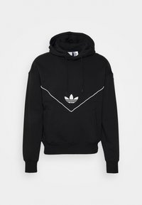Sweat à capuche noir avec poche kangourou, bande d'accentuation blanche et logo brodé sur la poitrine. Fabriqué en tissu doux avec une coupe décontractée.