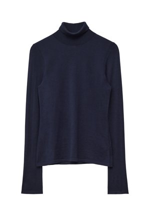 Navy blue turtleneck sweater made of soft knit fabric. Features long sleeves and a fitted collar, with a simple, unadorned design.
