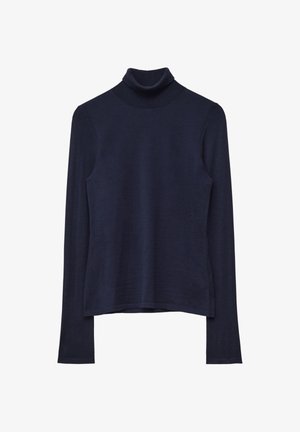 Marineblauer Rollkragenpullover aus weichem Strickstoff. Mit langen Ärmeln und einem schmalen Kragen, hat ein einfaches, schmuckloses Design.