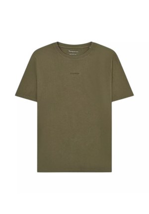 Effen olijfgroen T-shirt met korte mouwen en ronde hals, met een klein, subtiel logo in het midden van de borst.