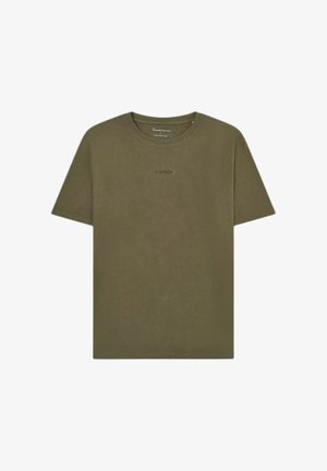 T-shirt uni vert olive à manches courtes et col rond avec un petit logo discret centré sur la poitrine.