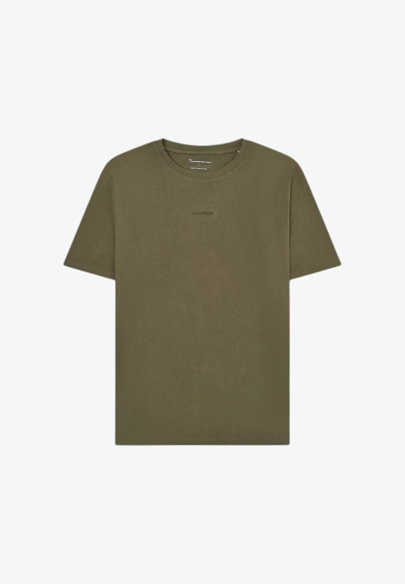 T-shirt uni vert olive à manches courtes et col rond avec un petit logo discret centré sur la poitrine.