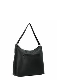 Sac à �épaule noir en simili cuir avec une seule sangle, forme arrondie et poche zippée à l'avant. Texture lisse avec un minimum de détails.