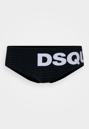 Briefuri de înot negre cu logo-ul "DSQUARED2" în litere albe mari, având un model repetat al numelui brandului într-o nuanță mai închisă. Textură netedă.