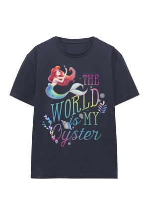 Navy blue short-sleeve t-shirt featuring a colorful graphic with a mermaid and the text "THE WORLD is MY OYSTER" in vibrant lettering.