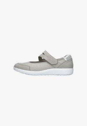 Light grey shoe with a textured upper, Velcro strap, and a white rubber sole. Features a silver accent on the heel.