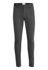 Pantalones de algodón elástico gris con corte ajustado, presentando un cierre de botón, cuatro bolsillos y una sutil textura en la tela para mayor profundidad.