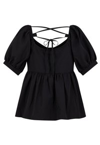 Black top with puff sleeves, square neckline, and a gathered waist. Features crisscross straps and a bow tie at the back. Smooth texture.