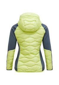 Grøn og grå hybridjakke med et puffy quiltet mønster, hætte og glatte ærmer. Har kontrasterende materialer og en tætsiddende design.
