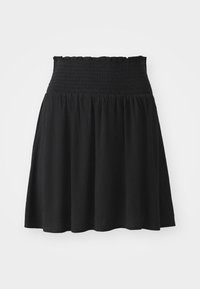 Jupe noire longueur genou avec taille smockée et tissu texturé. Design évasé avec un ourlet froncé, présentant un motif subtil.