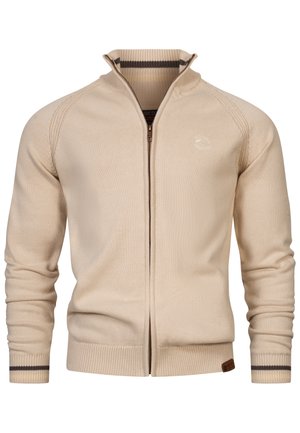 Beige Zip-Up-Pullover mit gerippten Bündchen und Kragen, der ein dezentes Logo auf der Brust und kontrastierende Streifendetails an den Bündchen aufweist.