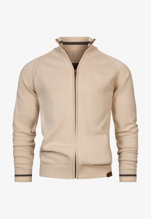 Beige zip-up sweater with ribbed cuffs and collar, featuring a subtle logo on the chest and contrasting striped detailing on the cuffs.