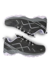 Chaussures de course imperméables noires et grises avec semelles blanches et détails réfléchissants, montrées en vues latérale et semelle sur fond blanc.