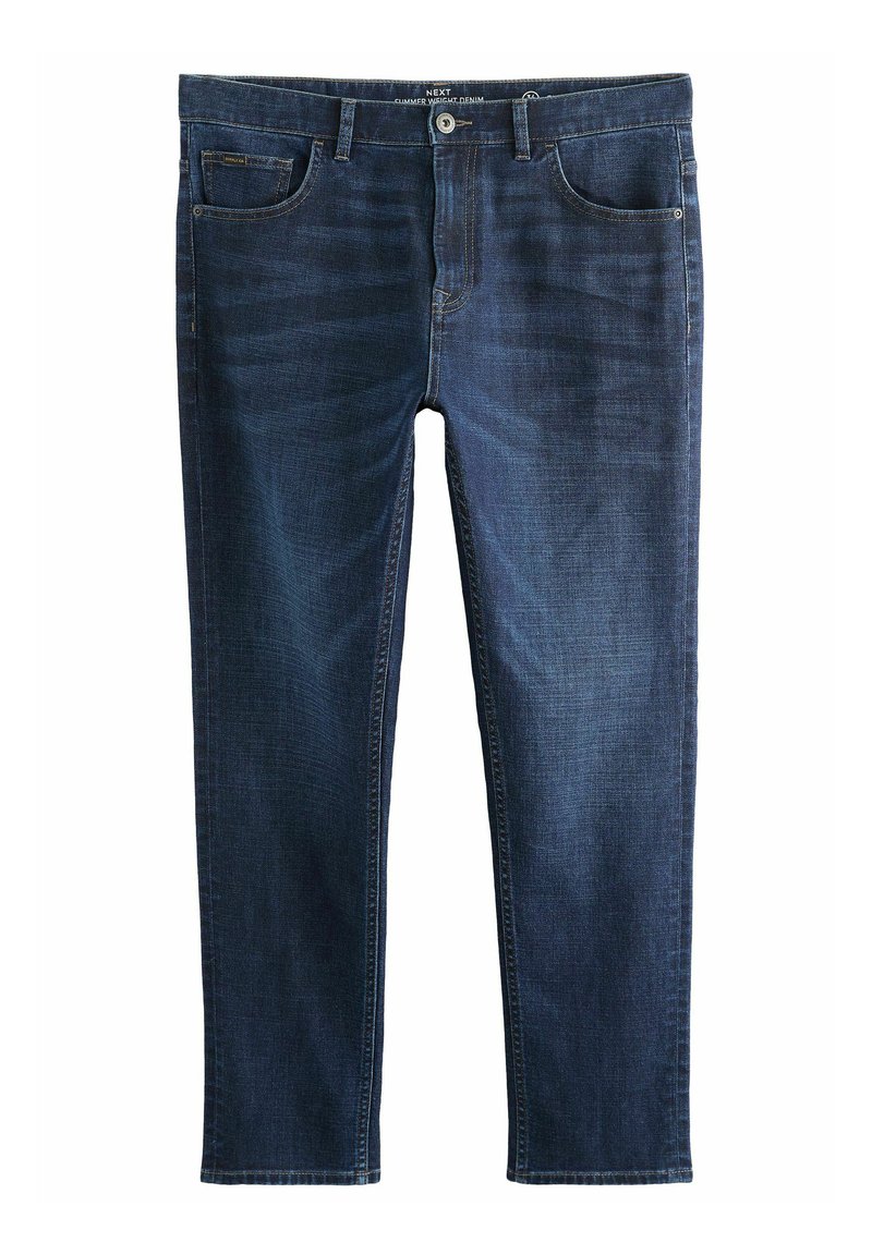 Vaqueros de denim azul oscuro con un corte recto clásico. Cuentan con cinco bolsillos, lazos para cinturón y costuras en contraste.