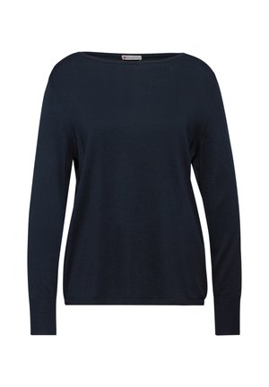 Námořnický modrý svetr, lehká pletenina, volný střih, široký výstřih, dlouhé rukávy, ribbované manžety a lem, hladká textura, minimalistický design.