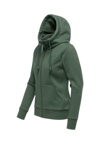 Felpa con zip di colore verde scuro, realizzata in misto cotone. Presenta un grande cappuccio, tasche frontali e dettagli con coulisse. Texture liscia e vestibilità aderente.