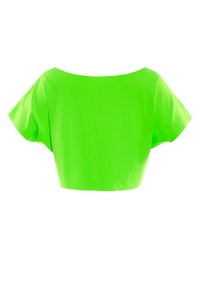 Neon zelena kratka majica s širokim izrezom i kratkim, labavim rukavima. Izrađena od glatkog, sjajnog materijala, s jednostavnim dizajnom.