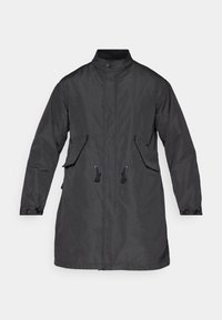 Black, long-sleeve jacket made of textured fabric. Features a high collar, front pockets, adjustable drawstrings, and button accents.