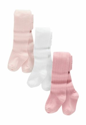 Tre paia di collant per neonati lavorati a maglia, in rosa chiaro, bianco e rosa scuro, disposti l'uno accanto all'altro su uno sfondo bianco.