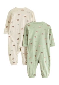 Δύο μακρυμάνικα ολόσωμα φορμάκια μωρού, ένα σε εκρού και ένα σε ανοιχτό πράσινο χρώμα, και τα δύο με σχέδιο αρκούδας και ελαστικές μανσέτες στα αστραγάλια.