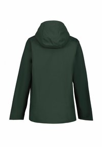 Grön vattentät jacka med huva, rak passform och långa ärmar. Minimalistisk design utan synlig hårdvara eller dekorationer.