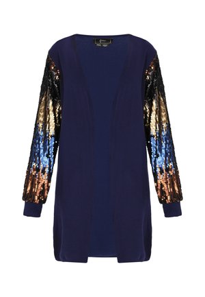 Granatowy kardigan z otwartym przodem i długimi rękawami, z czarnymi i niebieskimi gradientowymi cekinami na rękawach, wykonany z miękkiego materiału i z prążkowanymi mankietami.