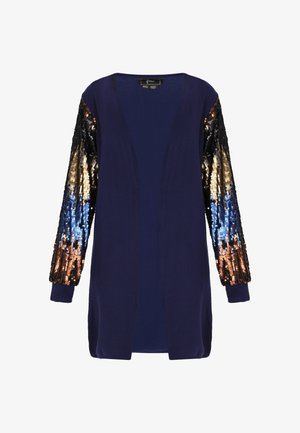 Granatowy kardigan z otwartym przodem i długimi rękawami, z czarnymi i niebieskimi gradientowymi cekinami na rękawach, wykonany z miękkiego materiału i z prążkowanymi mankietami.