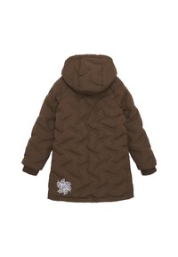 Brown puffer coat with a fur-lined hood, textured fabric, button closures, and a white floral embroidery detail on the lower side.