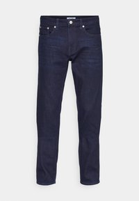 Jeans in denim blu scuro con gamba diritta, design a cinque tasche e cuciture rinforzate. Presentano una chiusura con bottone in metallo e zip.