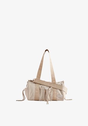 Geantă bej de umăr dintr-un material moale, cu două curele ajustabile, detalii cu șnur și branding embossat pe o curea lată.