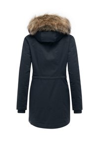 Navy blue parka with a faux fur-lined hood, long sleeves, waist cinch, and a straight hem. Smooth texture with durable fabric.