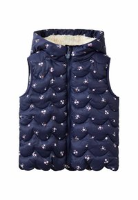Mornarska puffer prsluk s kapuljačom, koji ima quilted dizajn i raštrkane cvjetne uzorke u ružičastoj i bijeloj boji. Unutrašnjost obložena flisom, zatvaranje na patentni zatvarač.