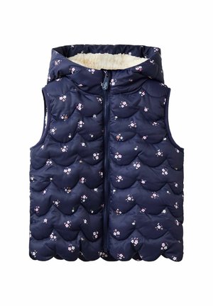 Jūrnieku zils pūkains vējtars ar kapuci, ar quiltēta dizaina un izkaisītām ziedu rakstiem rozā un baltā krāsā. Fleece iekšpuse, ar rāvējslēdzēju.