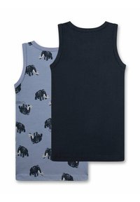 Two sleeveless children's tank tops, one solid navy blue, the other light blue with black mamoth prints.