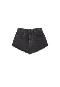 Black denim short shorts with a frayed hem, featuring two front pockets, a single button closure, and a classic waistband design.