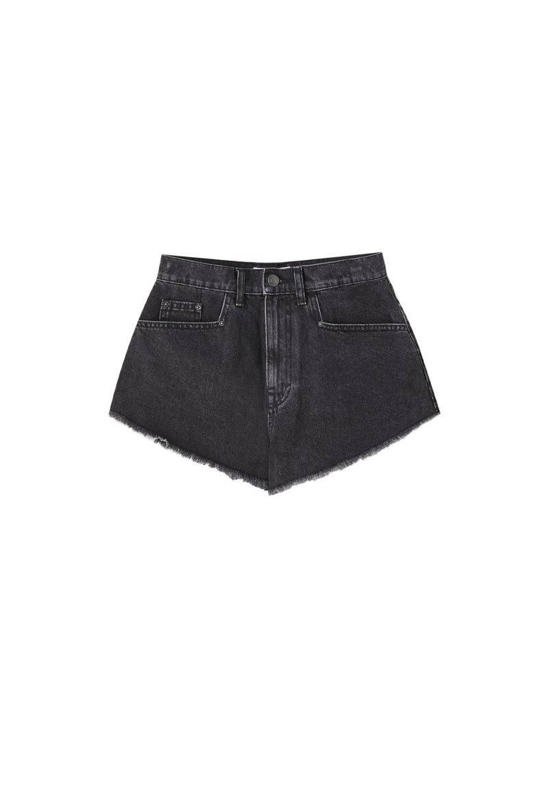 Black denim short shorts with a frayed hem, featuring two front pockets, a single button closure, and a classic waistband design.