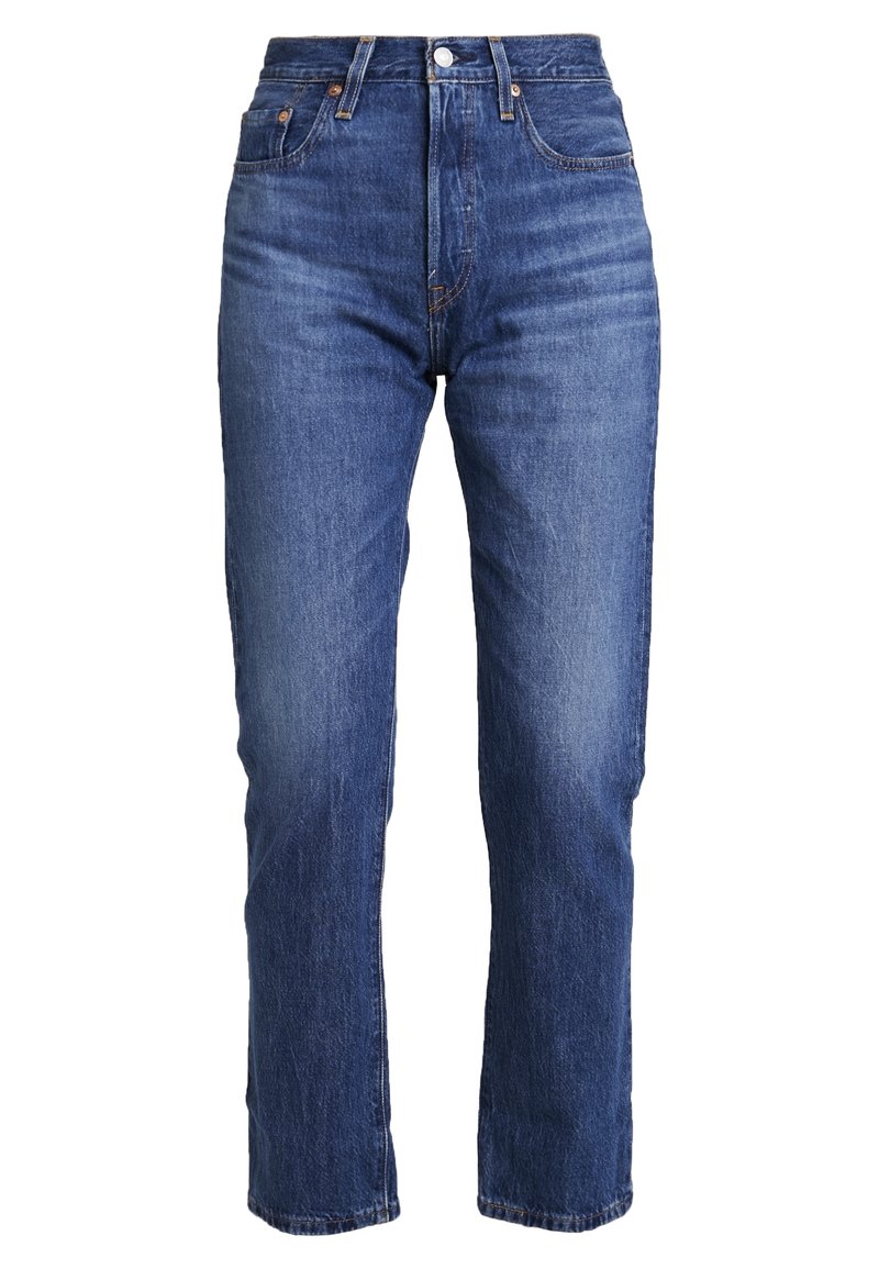 Denim jeans in een donkerblauwe wassing, met een rechte pijp, vijf-pocket ontwerp en een knoopsluiting. Licht beschadigd uiterlijk.