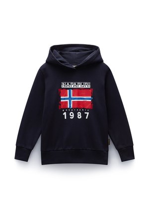 Marinblå hoodie med ett grafiskt tryck av den norska flaggan, texten "NAPAPIJRI" och "1987" i vitt. Tillverkad av mjukt material med en känguruficka.