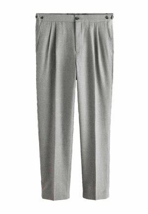 Szürke kockás nadrág texturált anyagból, pliszékkel, két elülső zsebbel és gombos derékmegoldással.
